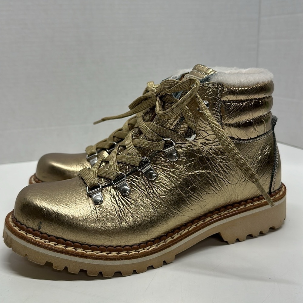 Montelliana 1965 Marlena Hiking Boots Shearling Lined Leather Metallic Gold 38 8